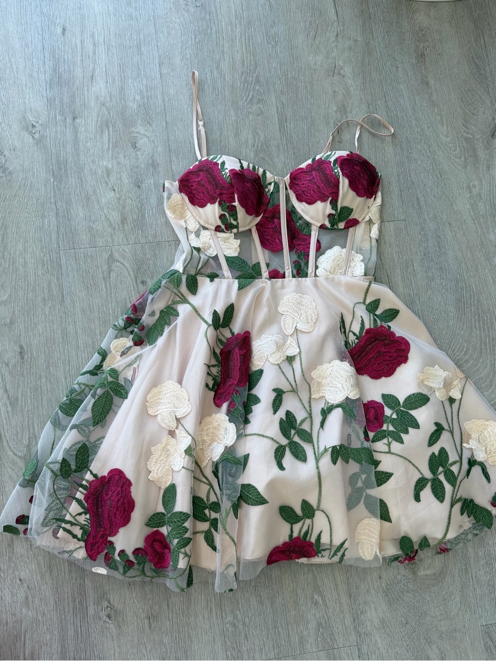 Windsor Floral Embroidered Corset Fit & Flare Dress Nude Pink Rose Mesh
